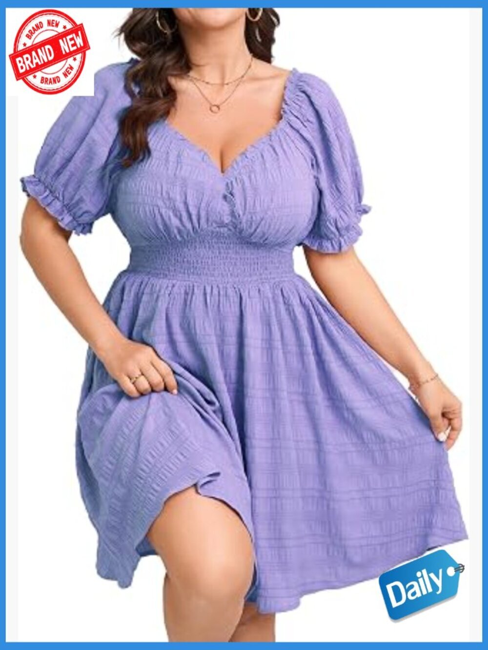 Plus Size Sweetheart V Neck Puff Sleeve Smocked Mini Dress